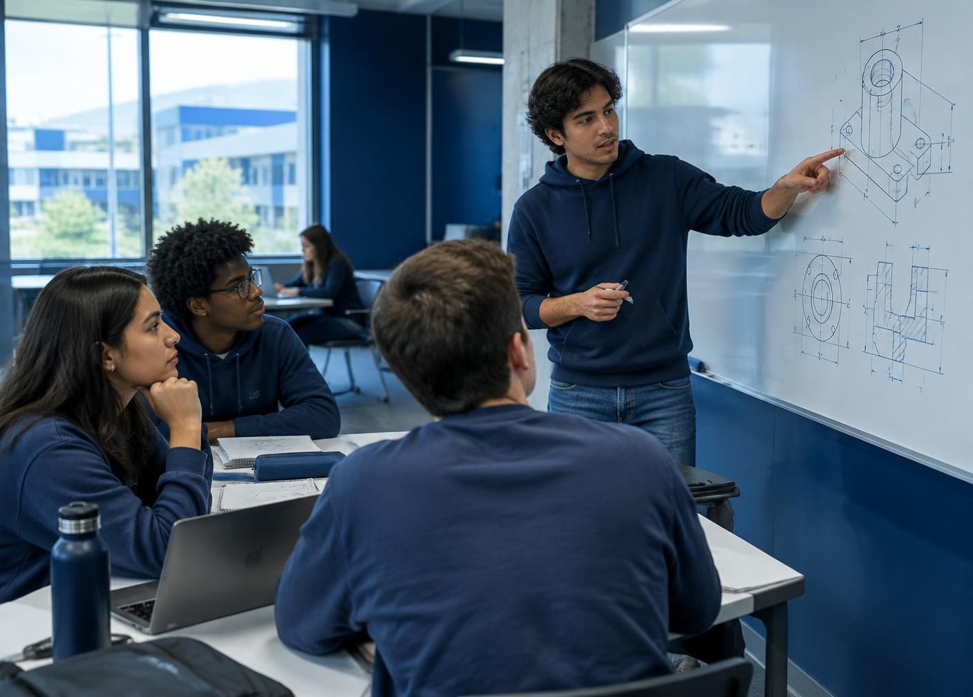 Estudante explicando um desenho técnico para colegas