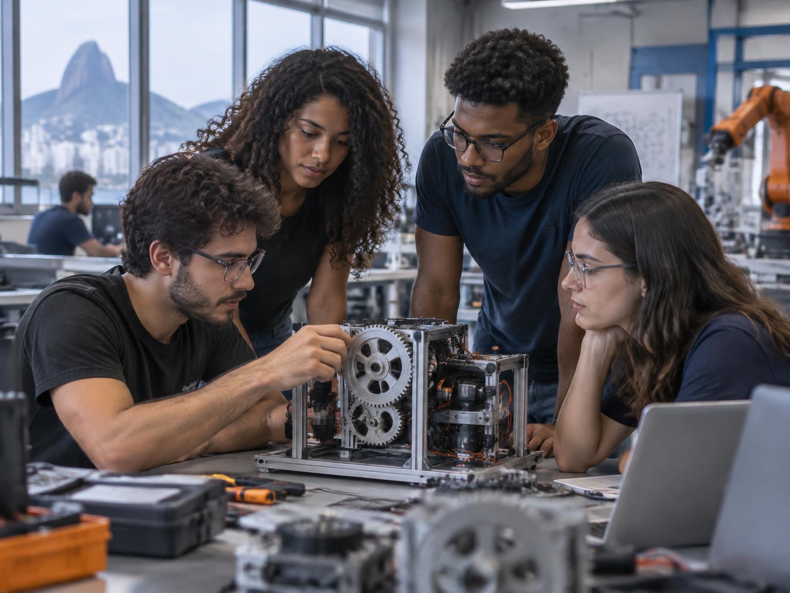 Estudantes de Engenharia trabalhando juntos em um protótipo no laboratório